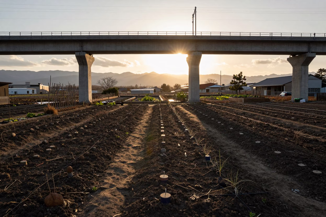 Viaduct Shadow in Sapporo at As The Sun Drops Toward The Horizon in in Sapporo, Japan