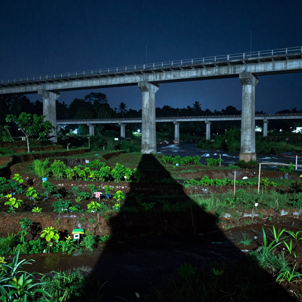 Viaduct Shadow Over Mizoram Gardens Under Starlight in beside a bridge pier above moving water in Mizoram