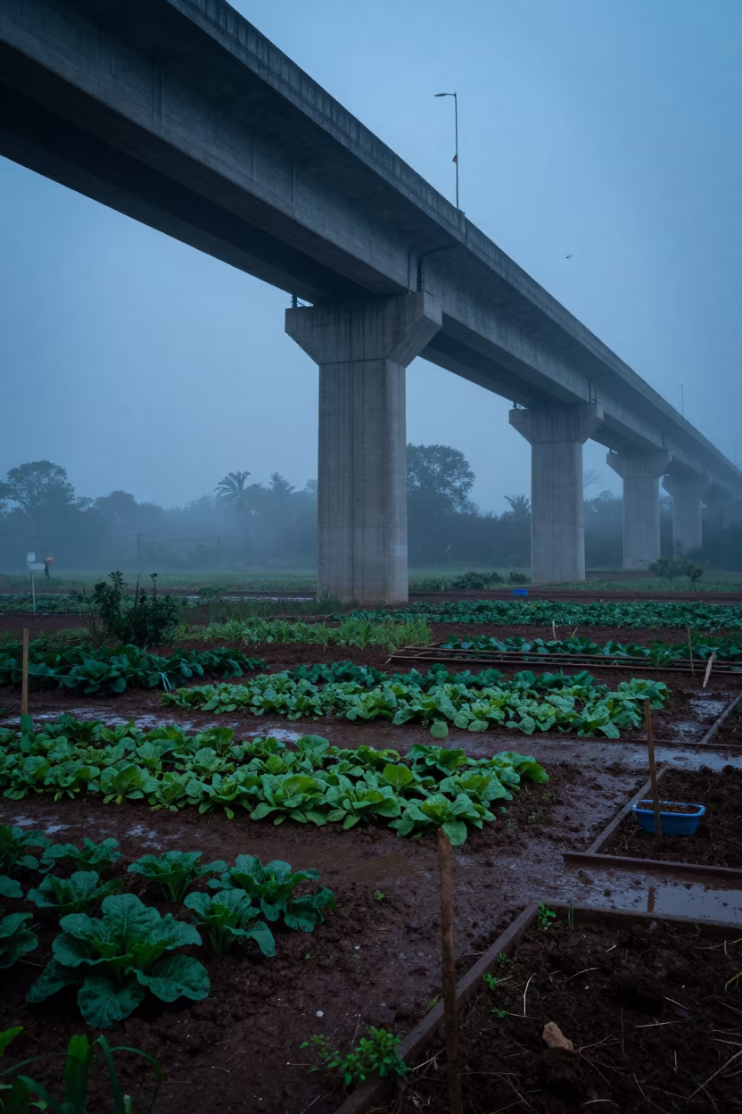 Viaduct Shadow Over Monsoon Gardens at Twilight in beneath a bridge span in India