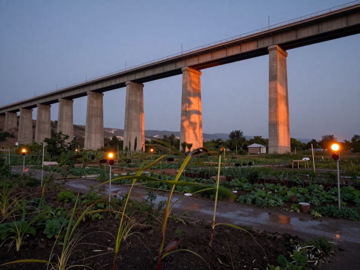 Viaduct Shadow Over Samsun Gardens After Rain in under a viaduct of steel and concrete in Samsun