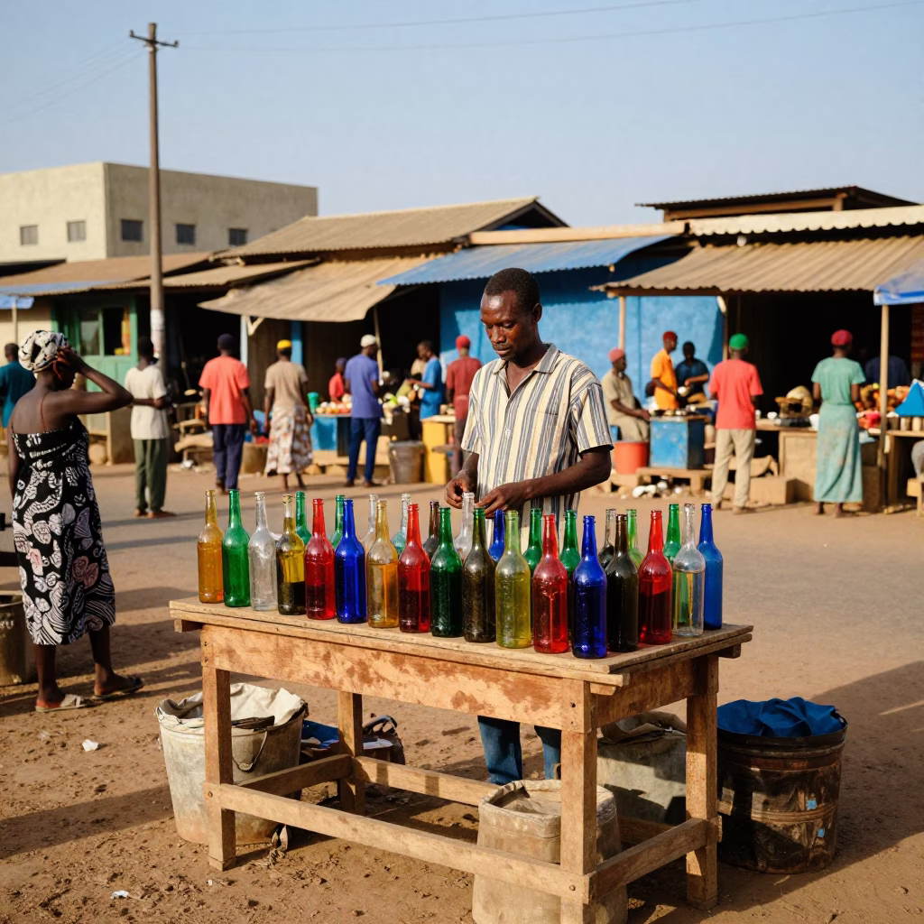 Vibrant 1950s Dakar Street Scene with Colorful Glass Bottles and Traditional Luggage in in Dakar, Senegal