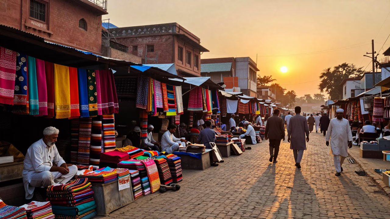 Vibrant 1950s Delhi Street Scene with Colorful Bazaar Goods and Local Life in in Delhi, India