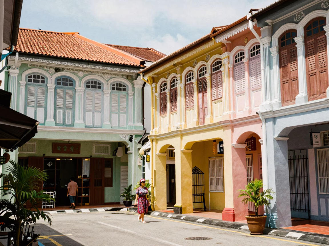 Vibrant 1950s George Town Street Scene with Colorful Shophouses and Local Life in in George Town, Malaysia
