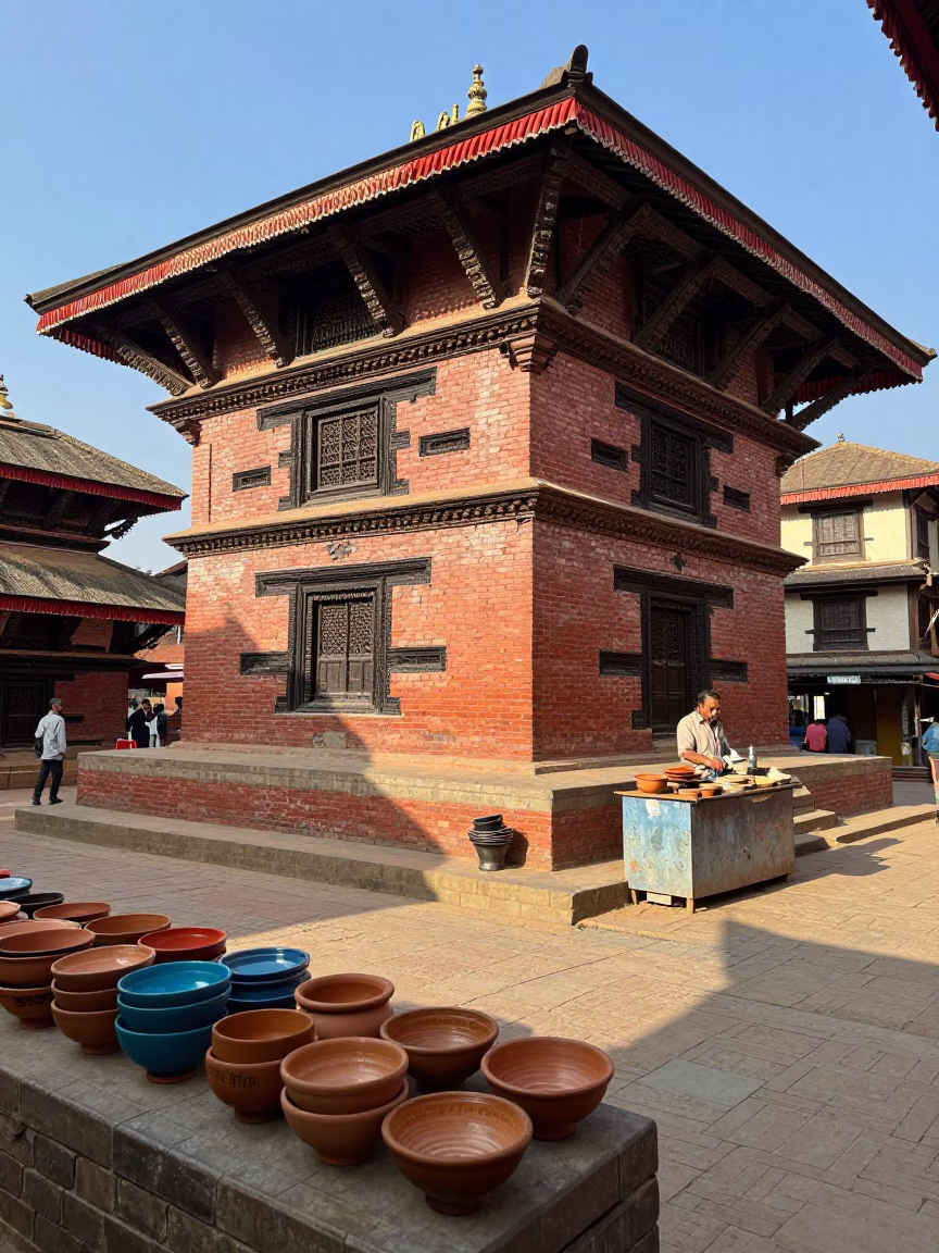 Vibrant 1950s Kathmandu Street Scene with Ceramic Bowls and Local Daily Life in in Kathmandu, Nepal
