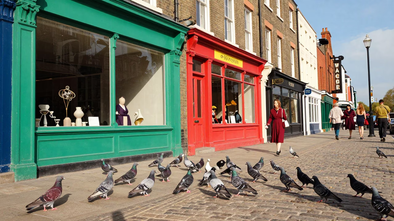 Vibrant 1950s Liverpool Street Scene with Pigeons and Colorful Details in in Liverpool, United Kingdom