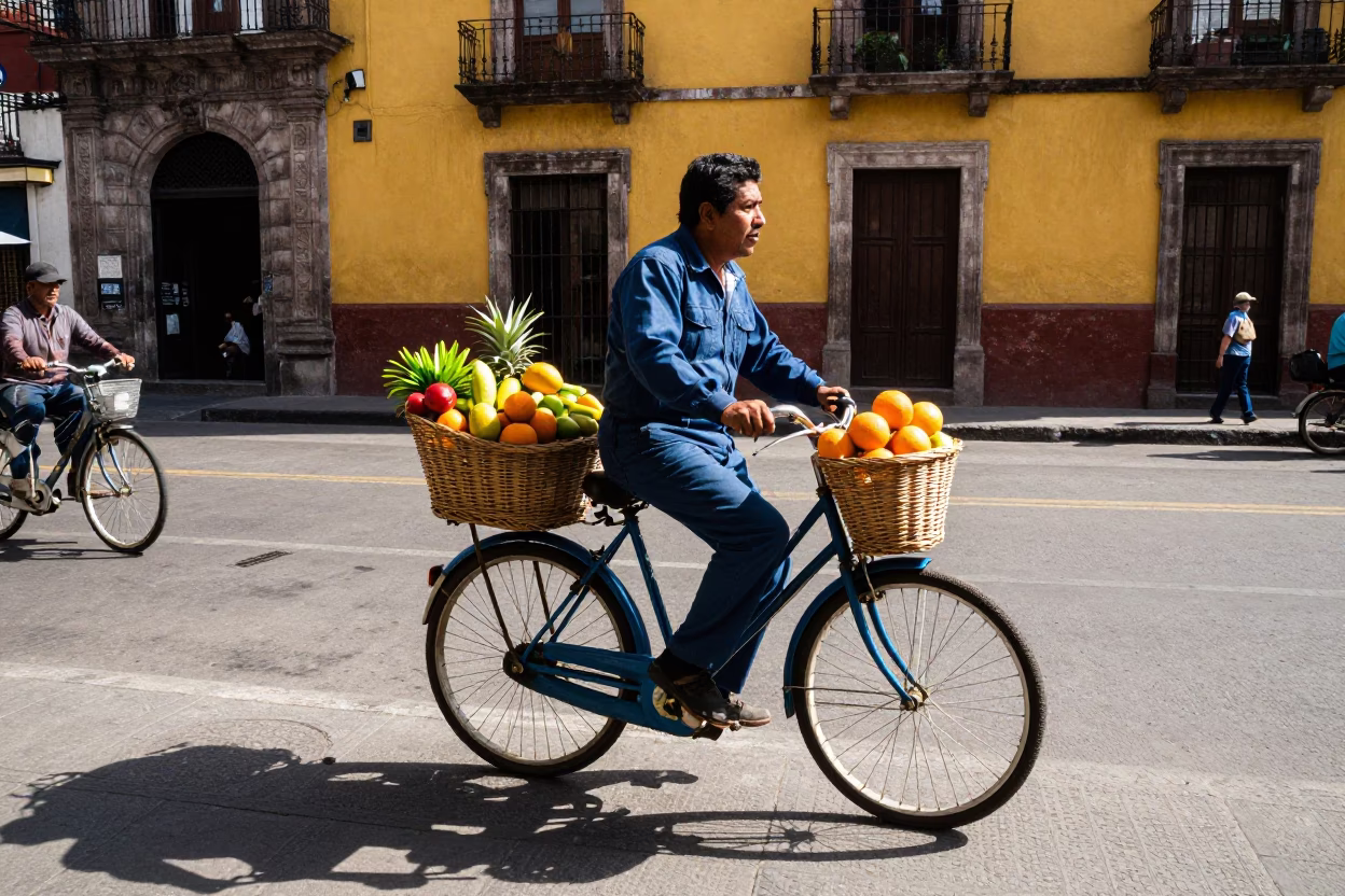 Vibrant 1950s Mexico City Street Scene with Colorful Bicycle Basket and Local Market Activity in in Mexico City, Mexico