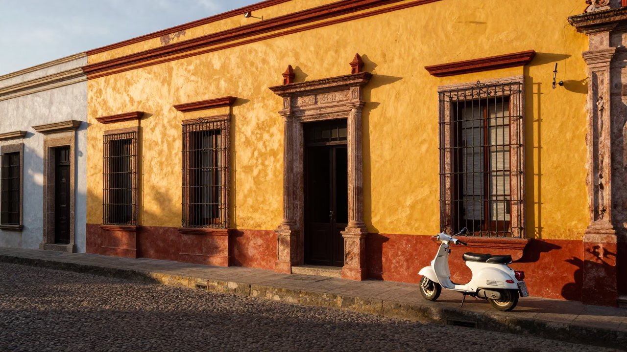 Vibrant 1950s Mexico City street scene with colorful colonial architecture and daily life in in Mexico City, Mexico