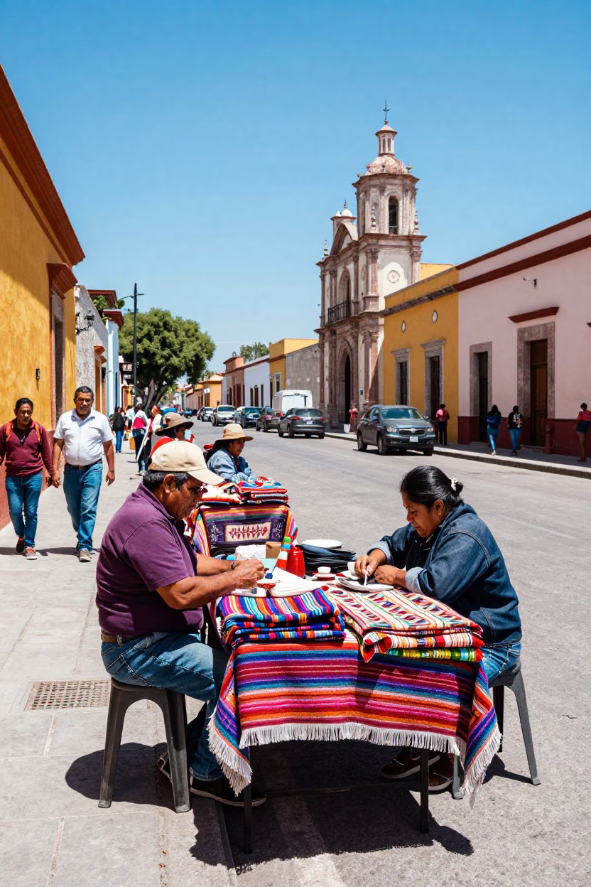 Vibrant 1950s Oaxaca Street Scene with Colorful Textiles and Local Market Activity in in Oaxaca, Mexico