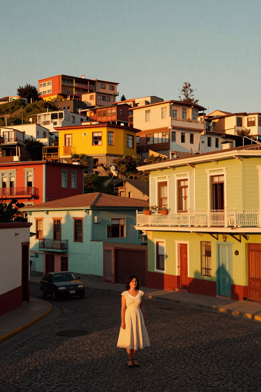 Vibrant 1950s Valparaiso Street Scene Honeyed Evening Light and Colorful Architecture in in Valparaiso, Chile