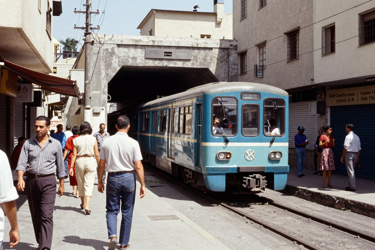 Vibrant 1960s Alexandria Street Scene with Metro Train Emerging into Midday Sunlight in in Alexandria, Egypt