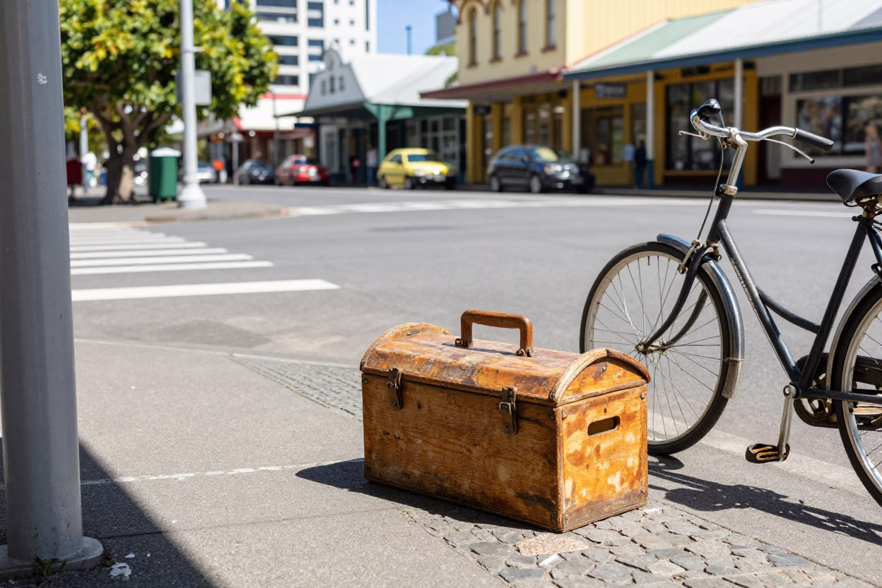 Vibrant 1960s Auckland Street Scene with Toolbox and Toolbox on Sidewalk in in Auckland, New Zealand