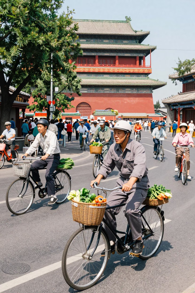 Vibrant 1960s Beijing Street Scene with Colorful Cyclists and Traditional Architecture in in Beijing, China