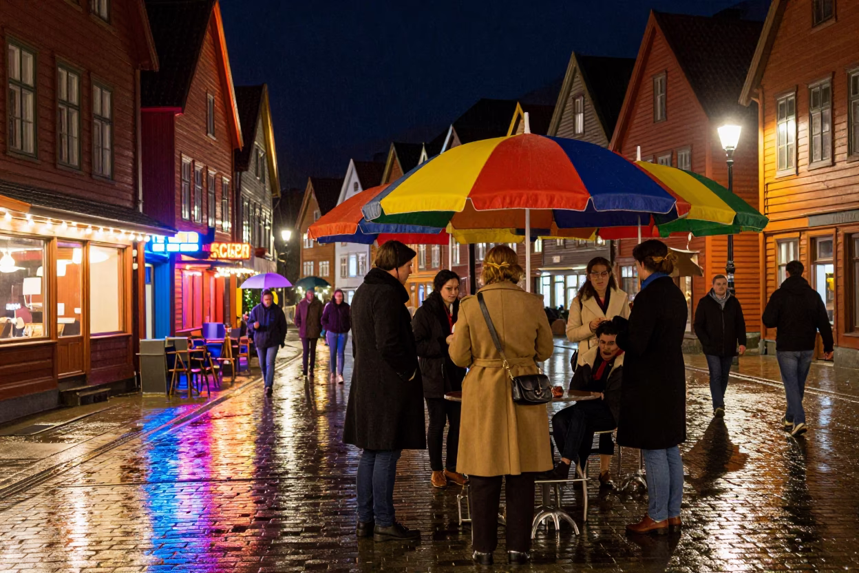 Vibrant 1960s Bergen Norway Night Street Scene with Colorful Umbrellas and Wet Cobblestones in in Bergen, Norway