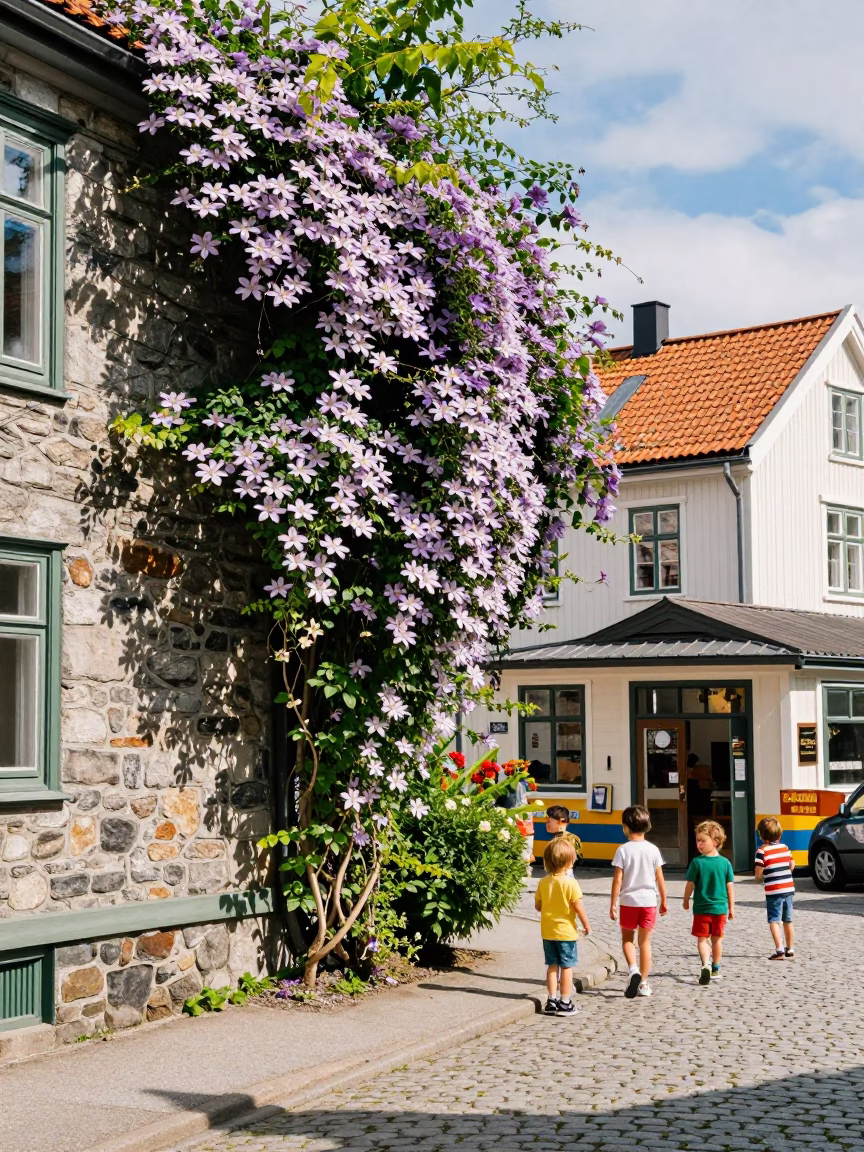 Vibrant 1960s Bergen Street Scene with Clematis Vine and Local Interaction in in Bergen, Norway
