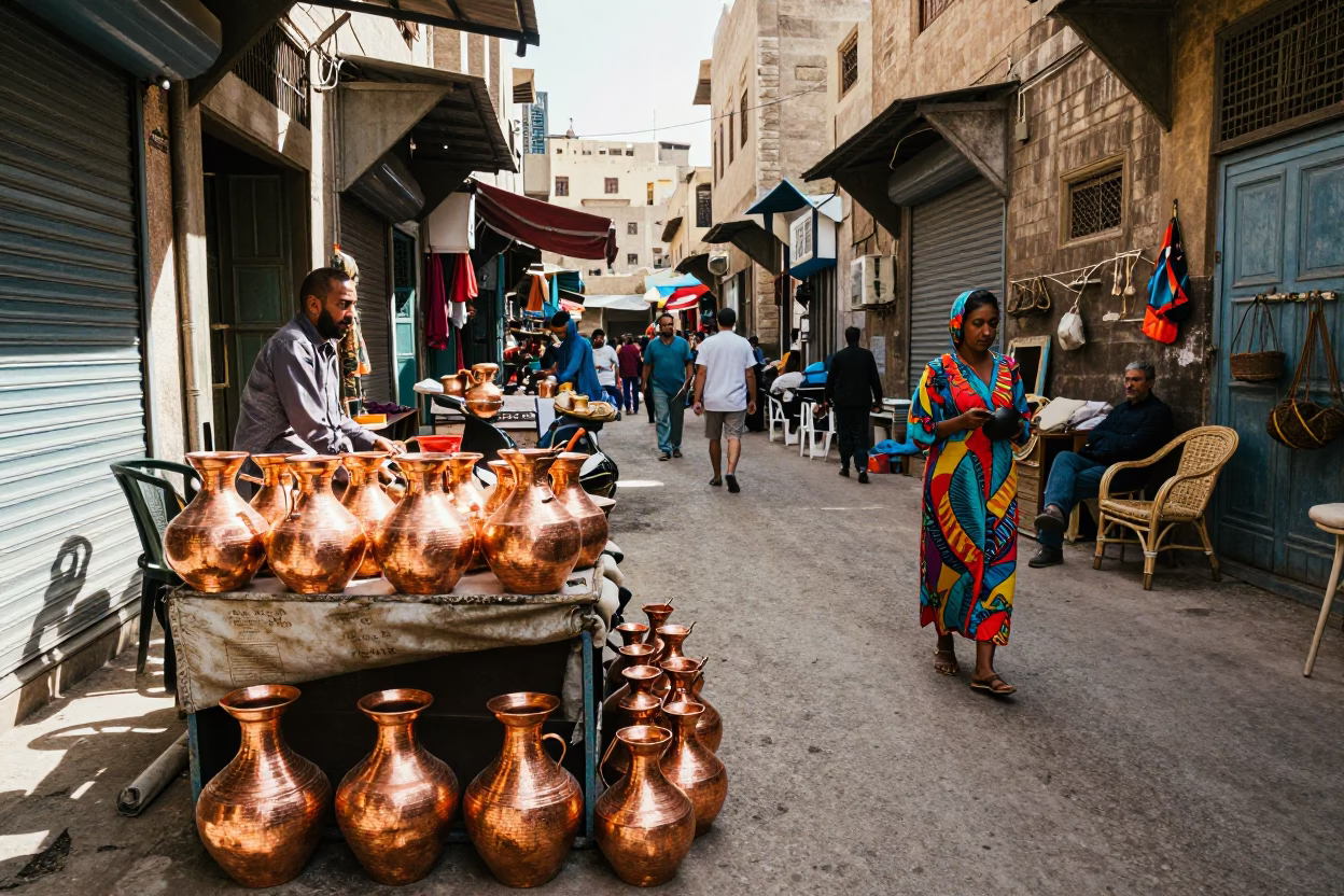 Vibrant 1960s Cairo Street Scene with Copper Pots and Local Commerce in in Cairo, Egypt