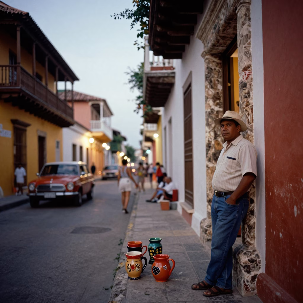Vibrant 1960s Cartagena Street Scene with Ceramic Mugs and Bell at Dusk in in Cartagena, Colombia