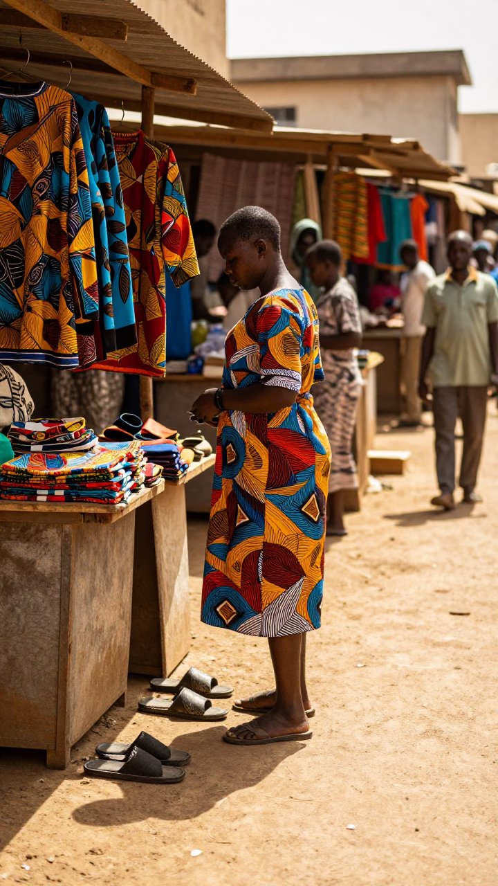 Vibrant 1960s Dakar Street Scene with Traditional Slippers and Colorful Textiles in in Dakar, Senegal