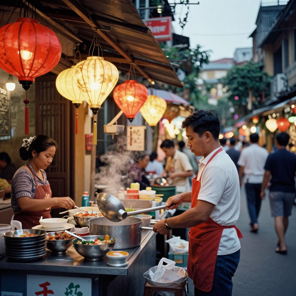 Vibrant 1960s Hanoi Street Scene with Ladle and Traditional Vietnamese Cuisine in in Hanoi, Vietnam