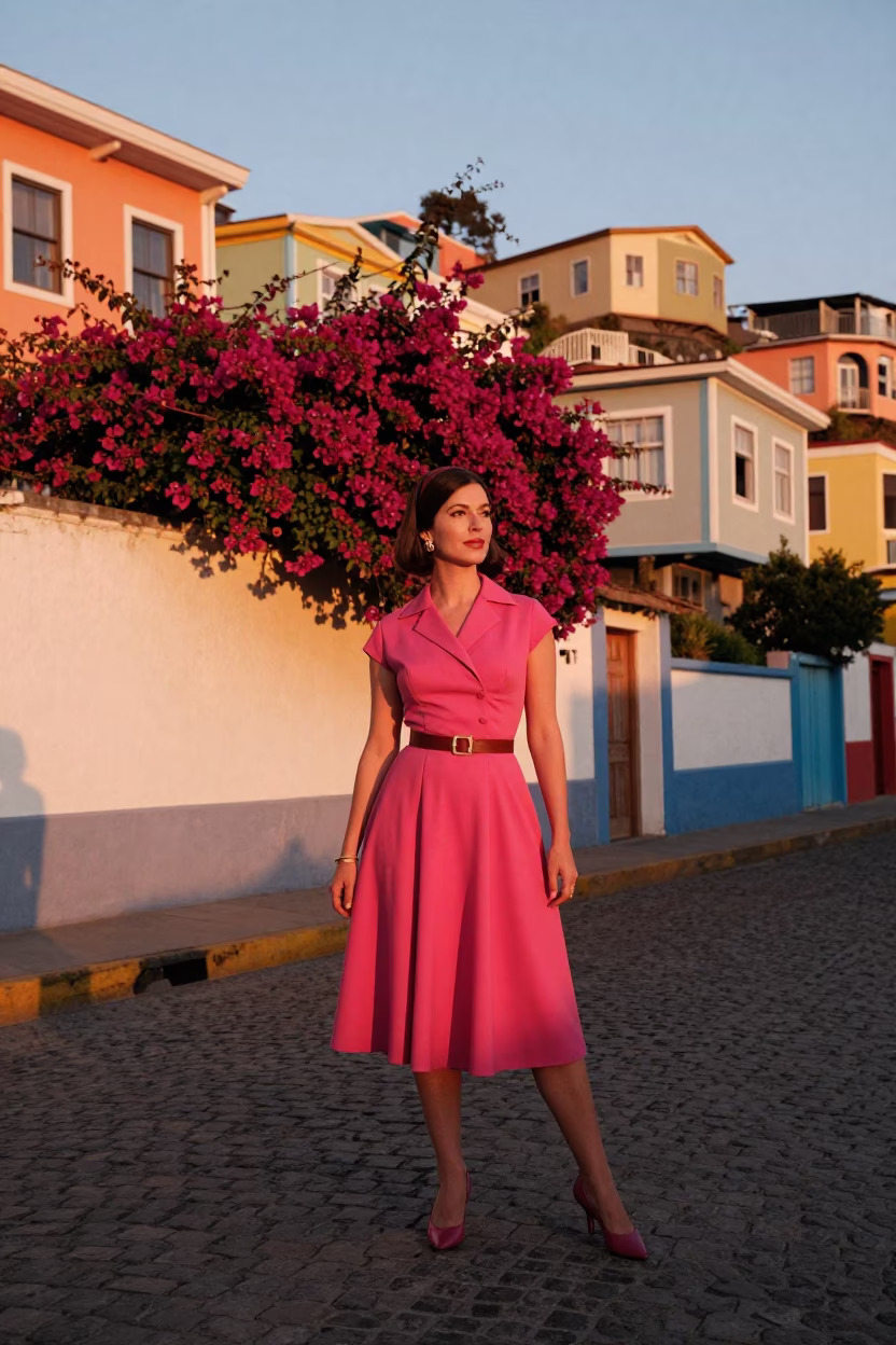 Vibrant 1960s High Fashion Portrait in Valparaiso Chile Evening Light in in Valparaiso, Chile