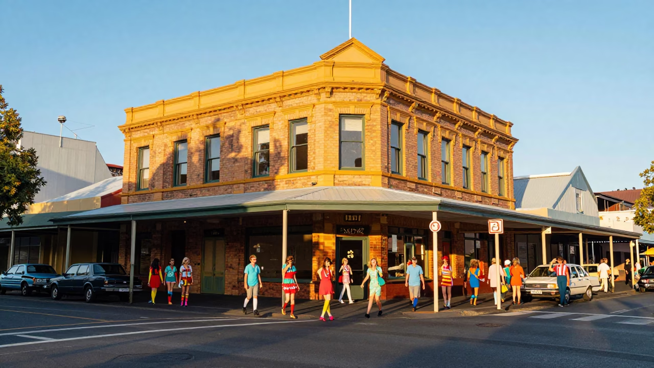 Vibrant 1960s Hobart Street Scene with Colorful Fashion and Local Details in in Hobart, Tasmania, Australia
