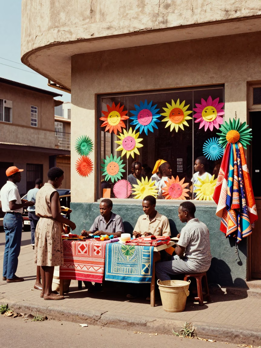 Vibrant 1960s Johannesburg Street Scene with Colorful Handmade Decorations and Lively Local Interaction in in Johannesburg, South Africa