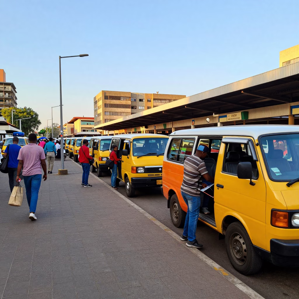 Vibrant 1960s Johannesburg Street Scene with Minibus Taxi Rank and Paperbacks in in Johannesburg, South Africa