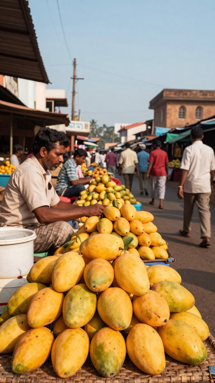 Vibrant 1960s Kochi Street Scene with Fresh Mangoes and Traditional Market Life in in Kochi, India