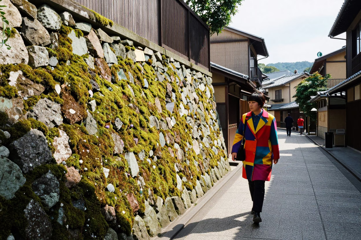 Vibrant 1960s Kyoto Street Scene with Mossy Stone Wall and Traditional Architecture in in Kyoto, Japan