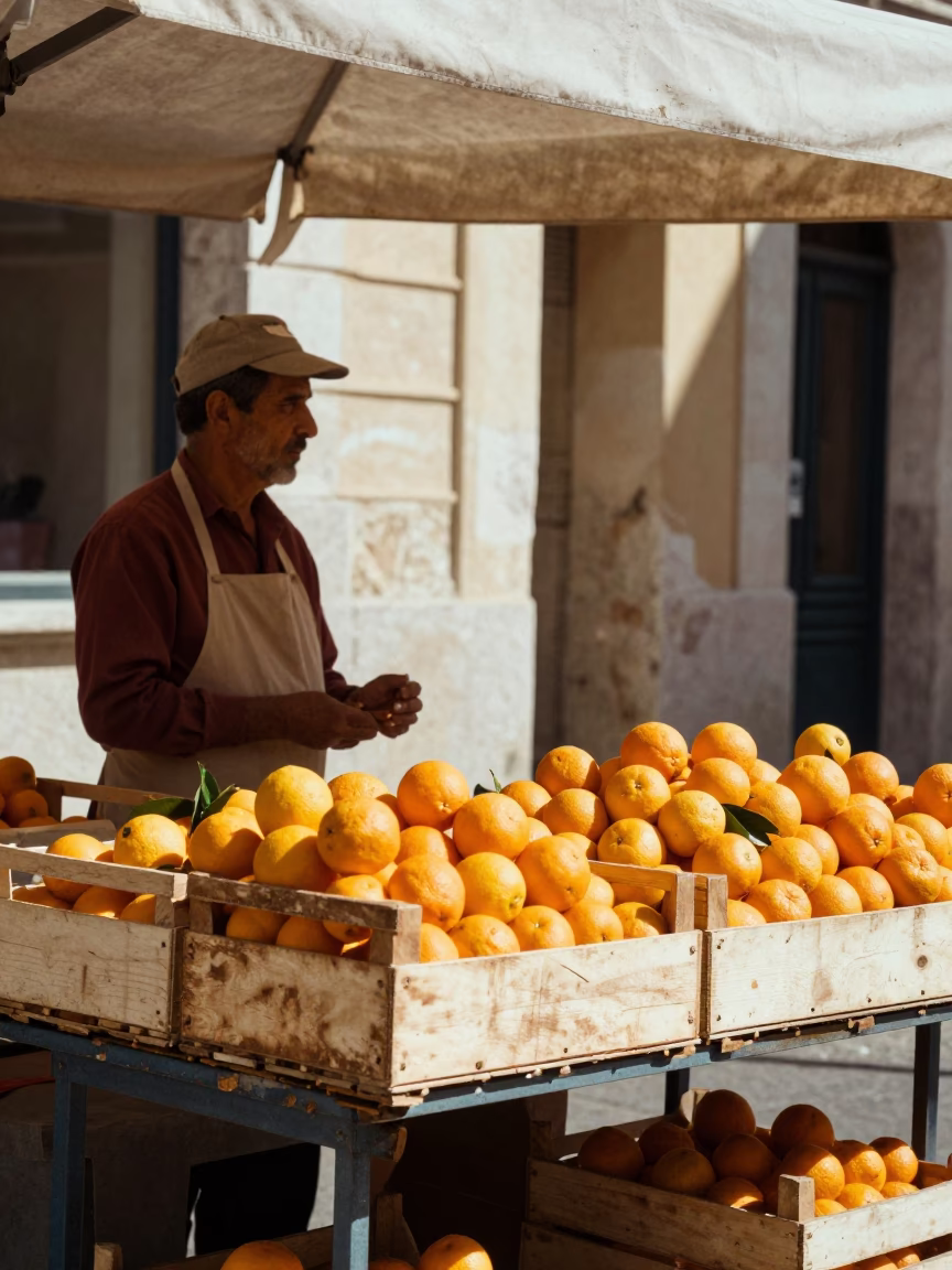 Vibrant 1960s Marseille Street Scene with Oranges and Traditional Umbrella in in Marseille, France