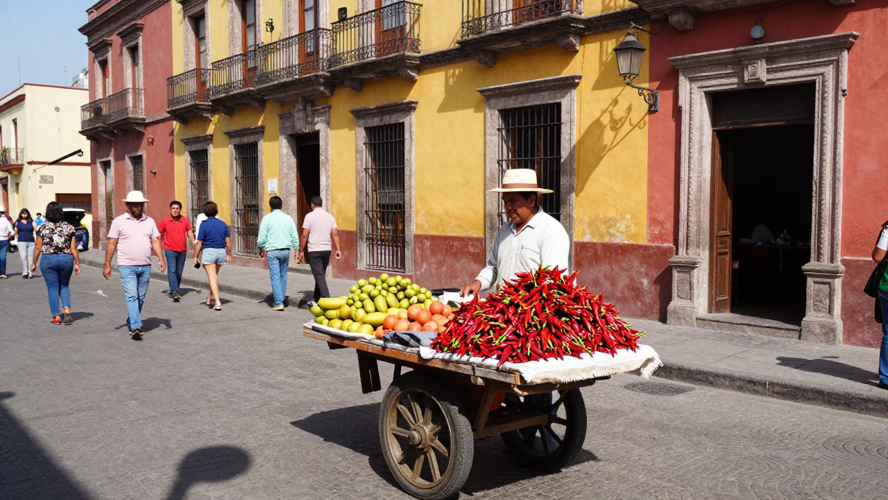 Vibrant 1960s Mexico City Street Scene with Colorful Fruit Vendor and Traditional Clay Pots in in Mexico City, Mexico