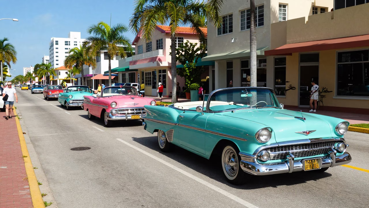 Vibrant 1960s Miami Street Scene with Colorful Cars and Palm Trees in in Miami, Florida, United States