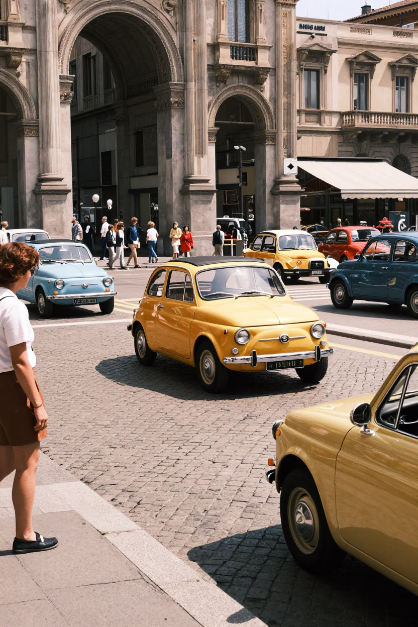 Vibrant 1960s Milan Street Scene with Vintage Cars and Pedestrians in Bright Midmorning Light in in Milan, Italy