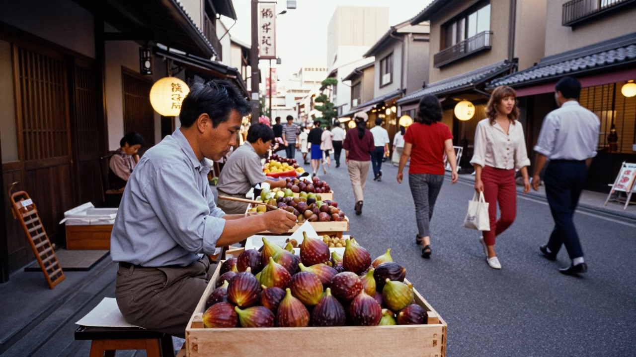 Vibrant 1960s Osaka Street Scene with Traditional Figs and Local Interaction in in Osaka, Japan