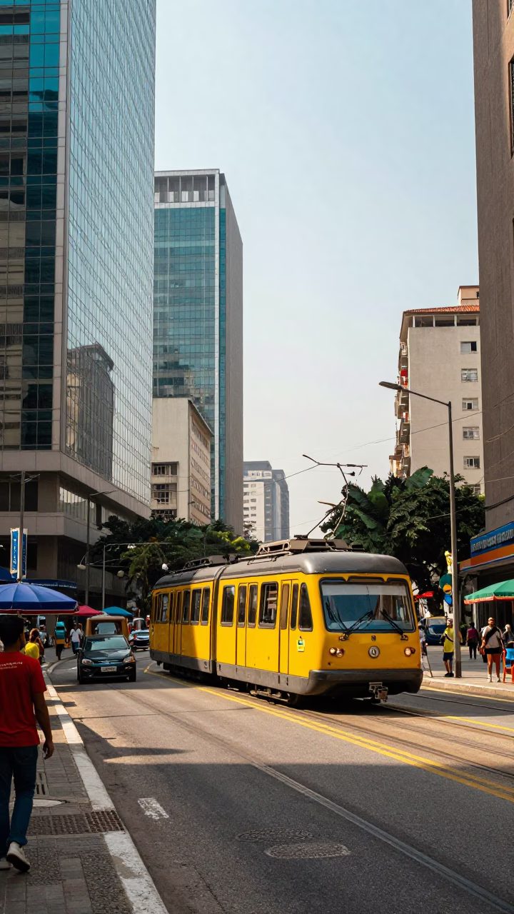 Vibrant 1960s Rio Street Scene with Monorail and Tropical Flora in in Rio de Janeiro, Brazil