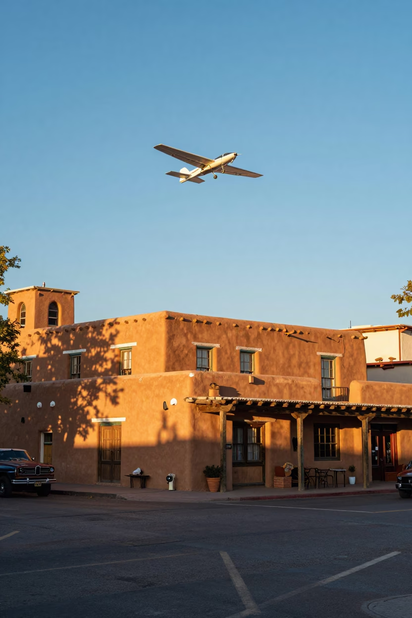 Vibrant 1960s Santa Fe Street Scene with Glider Soaring Over Adobe Architecture in in Santa Fe, New Mexico, United States