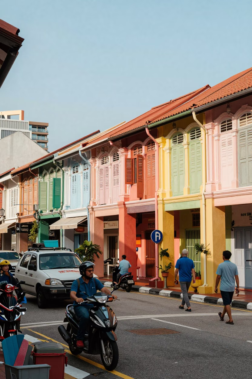 Vibrant 1960s Singapore Street Scene with Colorful Shopfronts and Local Life in in Singapore, Singapore
