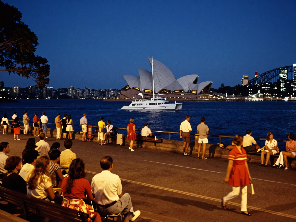 Vibrant 1960s Sydney Night Street Scene with Catamaran and Lively Crowd in in Sydney, New South Wales, Australia