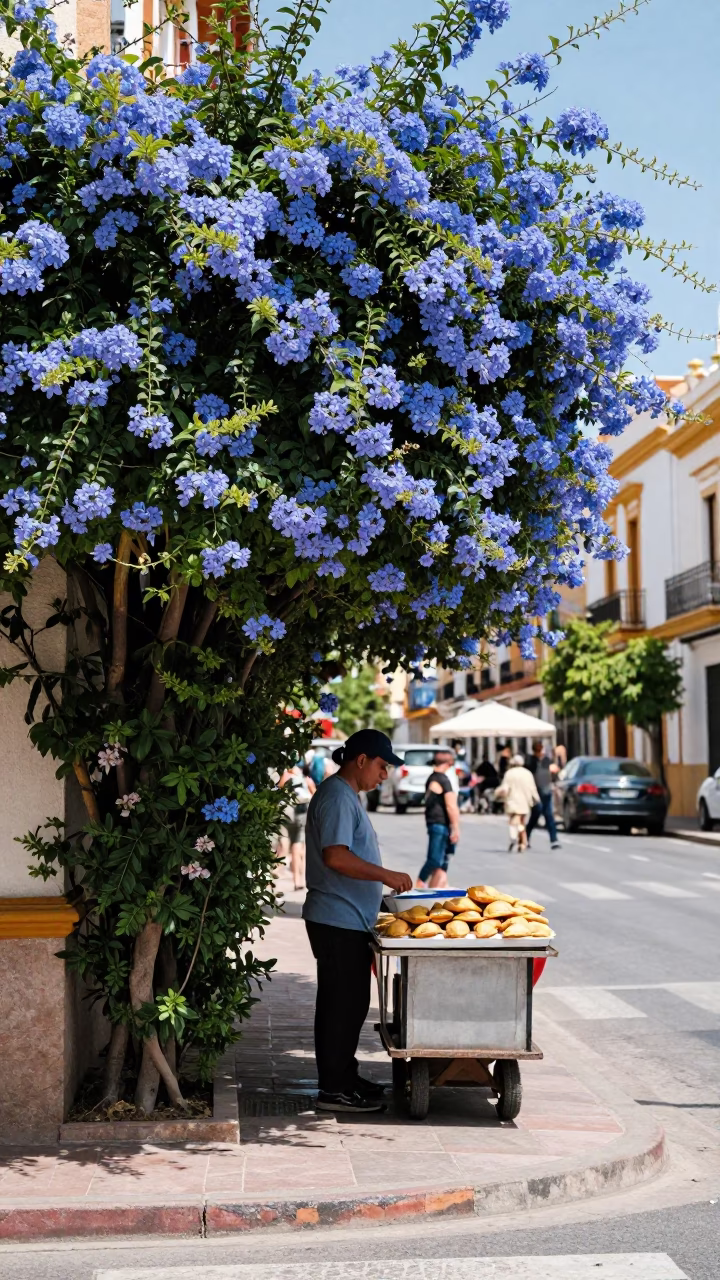 Vibrant 1960s Valencia Street Scene with Blue Plumbago Hedge and Golden Empanadas in in Valencia, Spain