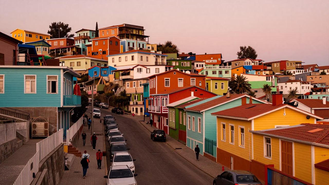 Vibrant 1960s Valparaiso Chile Street Scene with Colorful Houses and Latch Details in in Valparaiso, Chile
