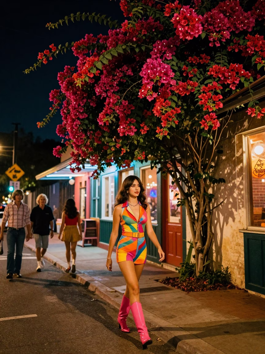 Vibrant 1970s Austin Texas Nightlife Scene with Bougainvillea and Local Fashion in in Austin, Texas, United States