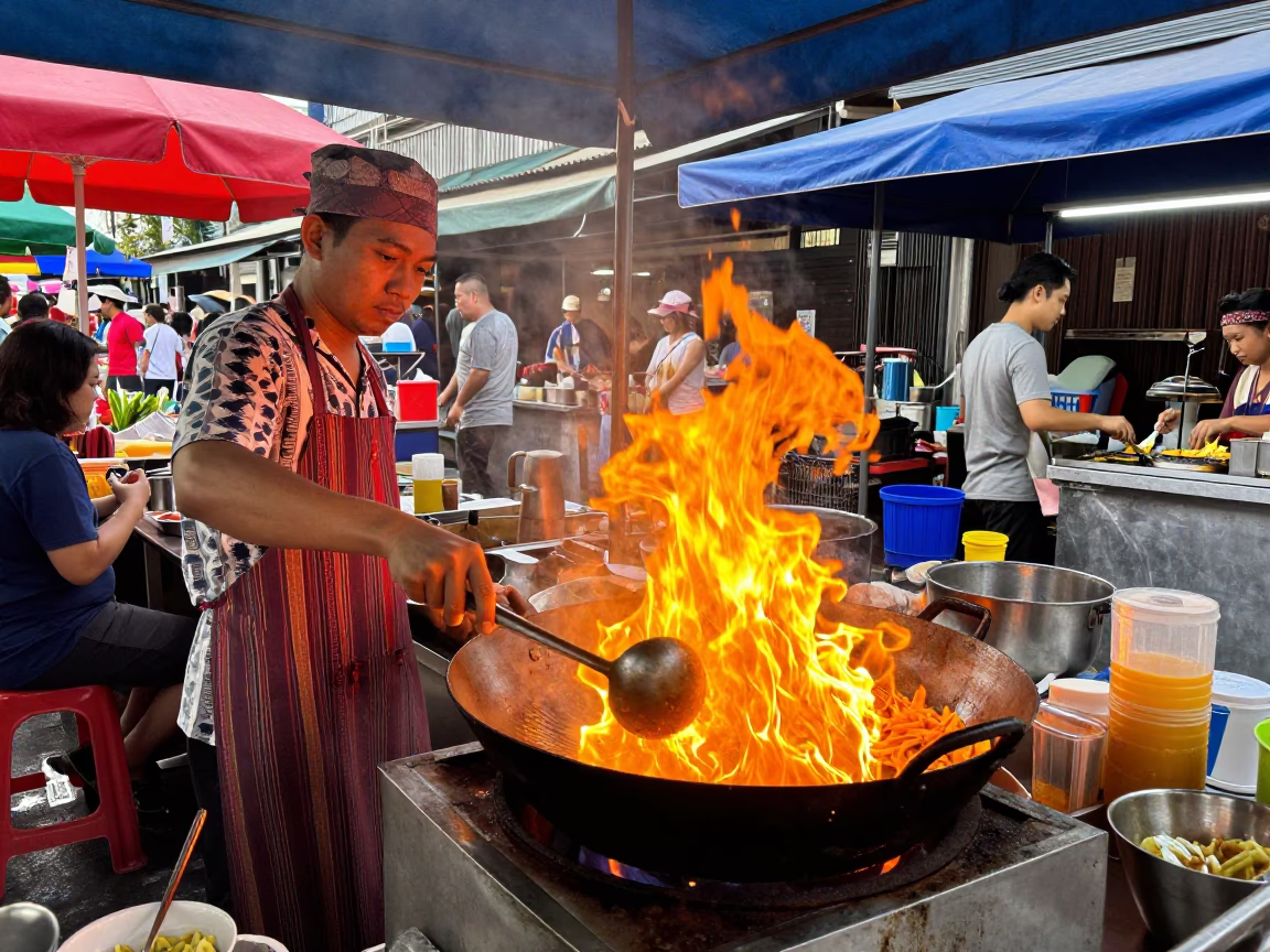 Vibrant 1970s Bangkok Street Food Stall Wok Flames Midmorning Light in in Bangkok, Thailand