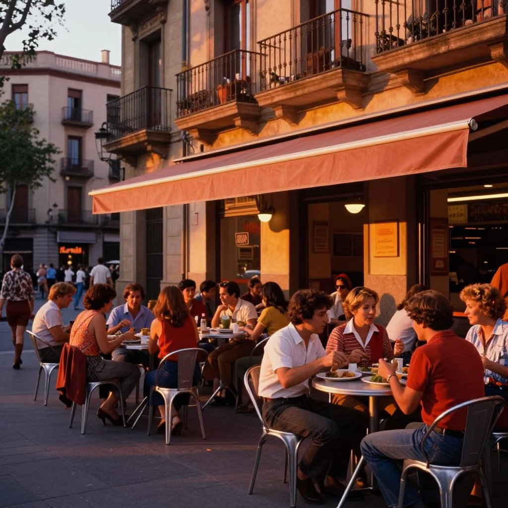 Vibrant 1970s Barcelona Sunset Street Scene with Local Diners and Colorful Architecture in in Barcelona, Spain