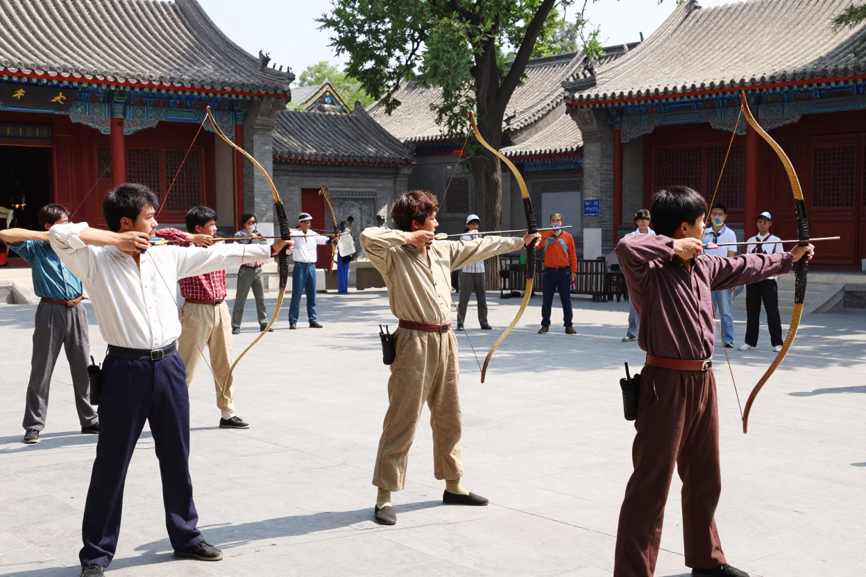 Vibrant 1970s Beijing Street Scene with Traditional Archery Contest and Local Spectators in in Beijing, China