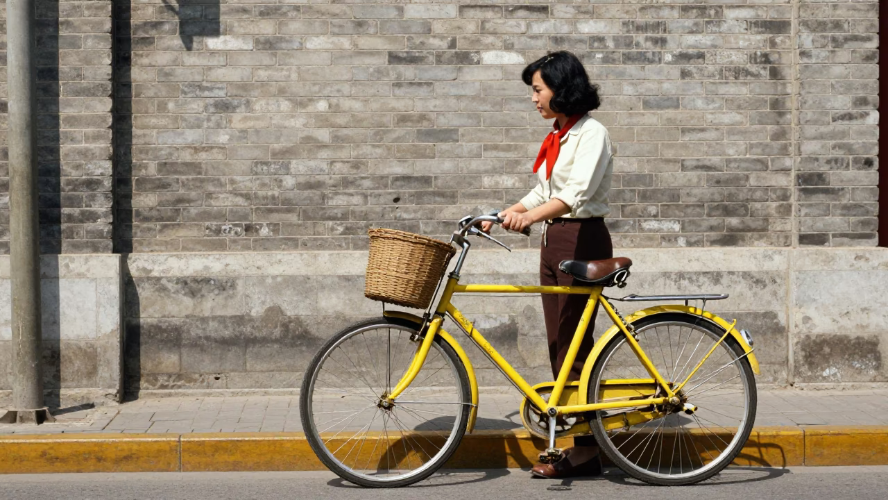 Vibrant 1970s Beijing Street Scene with Yellow Bicycle and Red Scarf at Midday in in Beijing, China