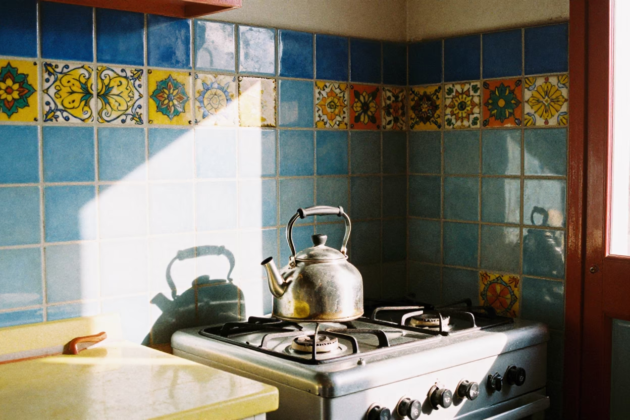 Vibrant 1970s Buenos Aires kitchen scene with colorful majolica tiles in in Buenos Aires, Argentina