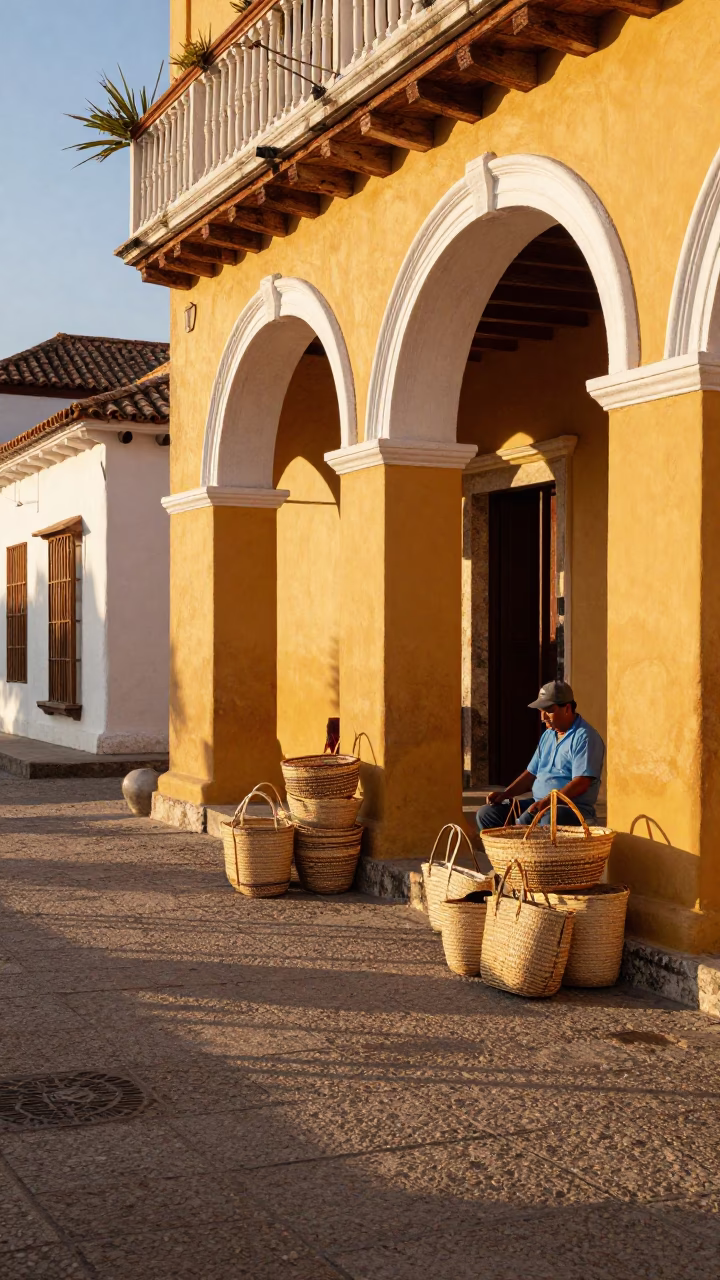 Vibrant 1970s Cartagena Street Scene with Woven Baskets and Sunset Light in in Cartagena, Colombia
