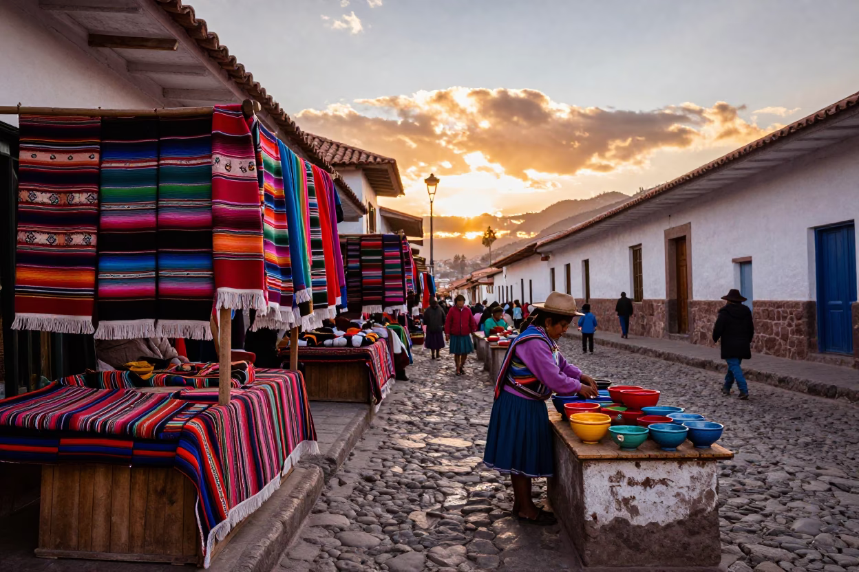 Vibrant 1970s Cusco Sunset Street Scene with Colorful Textiles and Local Commerce in in Cusco, Peru