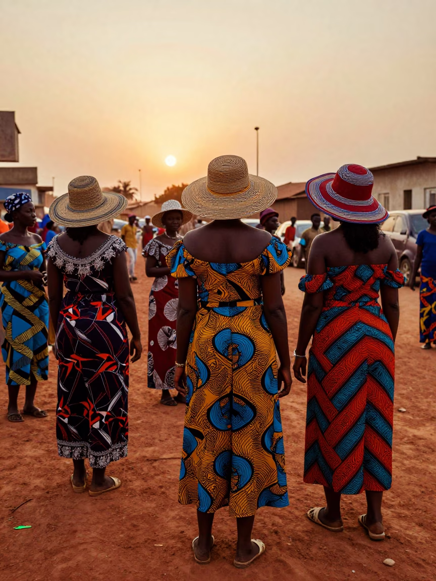 Vibrant 1970s Dakar Street Fashion Scene with Colorful Textiles and Sunset Horizon in in Dakar, Senegal