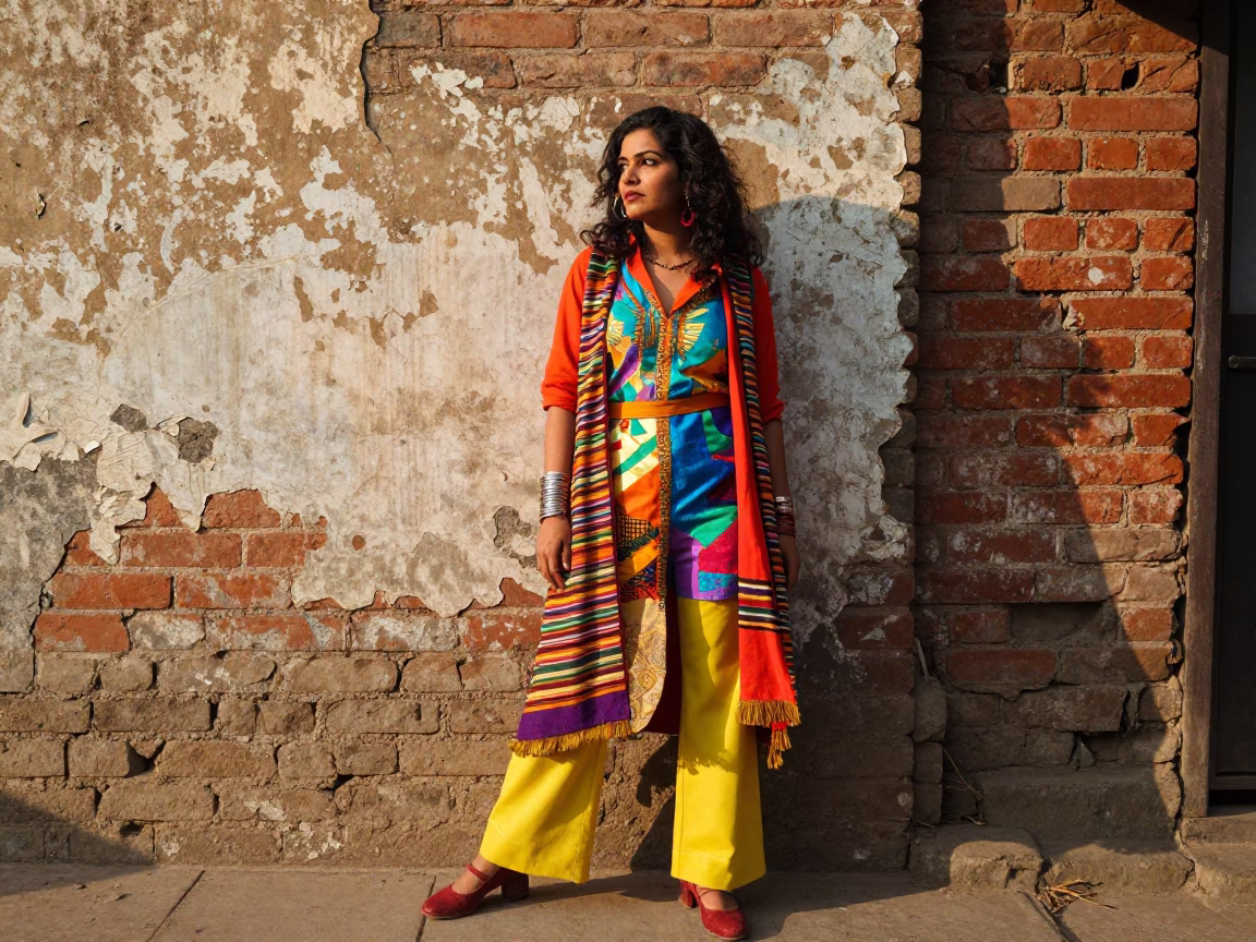 Vibrant 1970s Delhi Street Fashion Portrait with Colorful Textiles and Urban Architecture in in Delhi, India