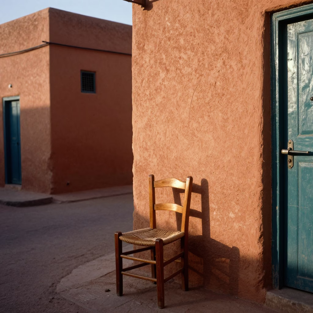 Vibrant 1970s Fez Morocco Street Scene with Traditional Chair and Narrow Alleyway in in Fez, Morocco